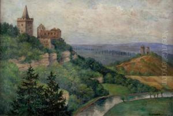 Burganlage Und Wachturme In Hugeliger Landschaft Oil Painting by Max Oehler