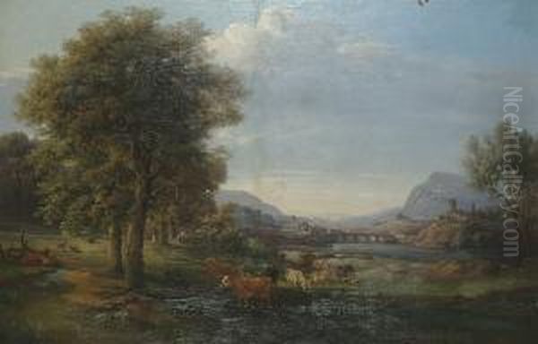 Extensive Landscape With Cattle In The Foreground, A Village Beyond. Oil Painting by Ernst Erwin Oehme