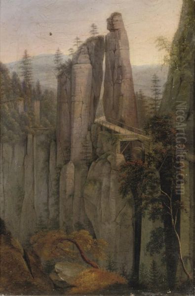 A Bridge In The Sachsische Schweiz, Germany Oil Painting by Ernst Ferdinand Oehme