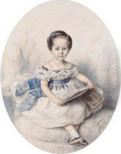 Portrait Of A Young Girl, Seated Full-length, Holding A Book Oil Painting by Francois Felix Oenaille