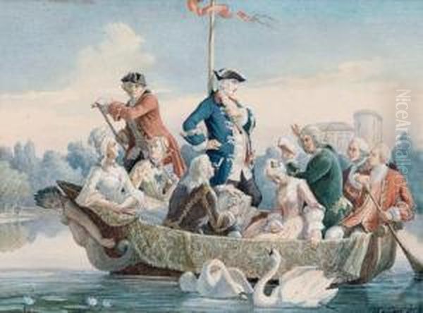 Prinz Heinrich Von Preussen In Eleganter Gesellschaft In Einem Bad Vor Schlos Rheinsberg Oil Painting by Freiherr Von Oer Theobald