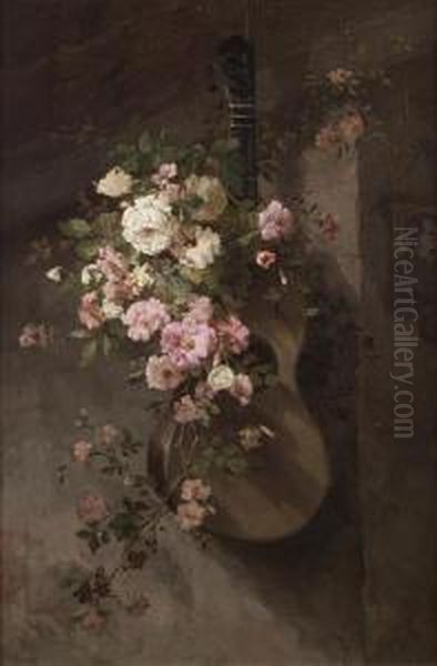 Still Life With Guitar And Roses Oil Painting by Frans David Oerder