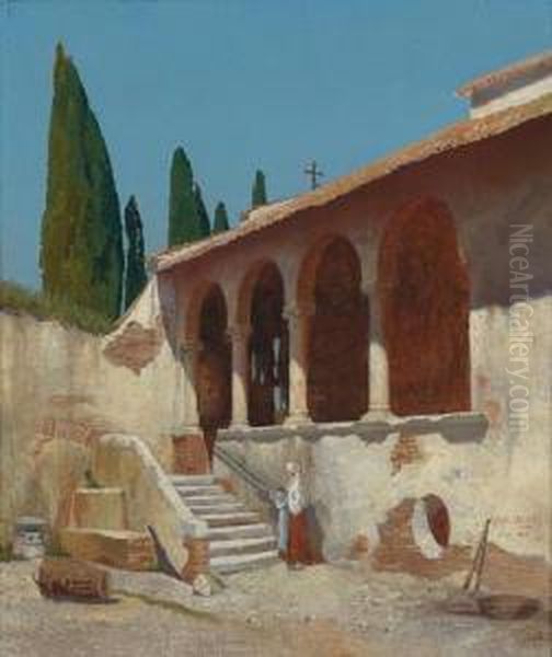 Monastery Courtyard In Tuscany With Decorative Figure Oil Painting by Robert Oerley