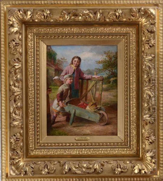 Two Children With Cart Oil Painting by Johannes Adam Simon Oertel