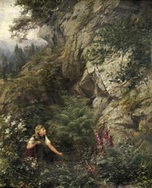 Blondes Madchen In Romantischer Gebirgslandschaft Eine Elster Beobachtend Oil Painting by Marie Oesterley