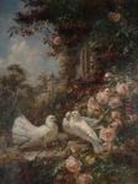 Study Of Doves And Roses, With A View Of A House In The Background Oil Painting by Marie Oesterley