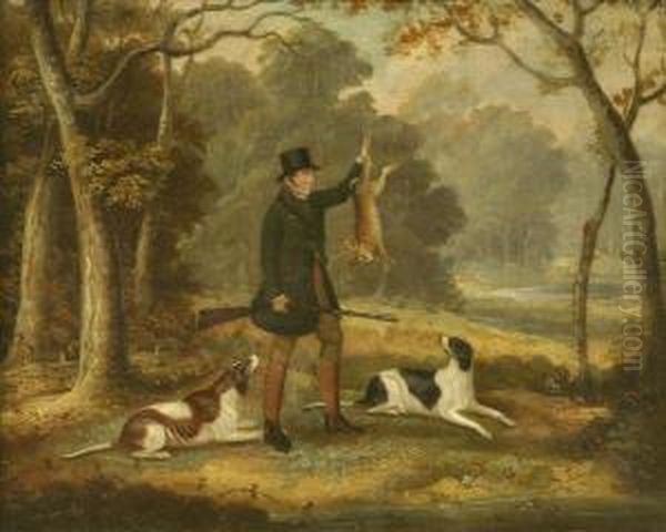 Follower Of Edwin Cooper Of Beccles Sportsman With Hare And Pointers By A Woodland Pool Oil Painting by Edwin, Beccles Of Cooper