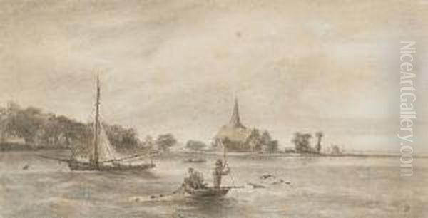 Fishing Off Erith, West Kent, Church Of Saint John In Background Oil Painting by Heneage Finch