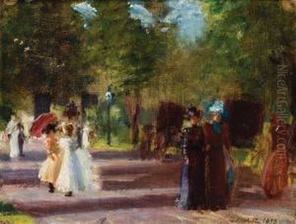 A Stroll In Central Park Oil Painting by George Ferdinand Of