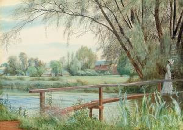 An Elegant Female Figure On A Footbridge Oil Painting by George Howard