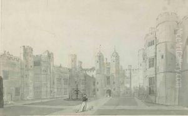 Cowdray House, View Of The West Front; And Cowdray House, The Courtyard Oil Painting by James, Snr, Lewes Of Lambert