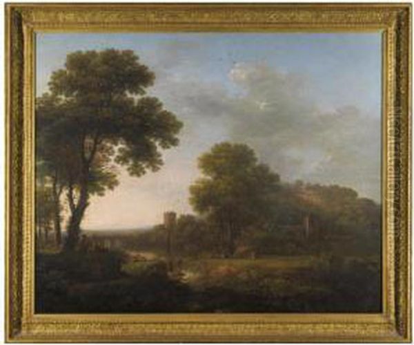 An Italianate Landscape With A Hilltop Castle And Figures Beside A Waterfall Oil Painting by James, Snr, Lewes Of Lambert