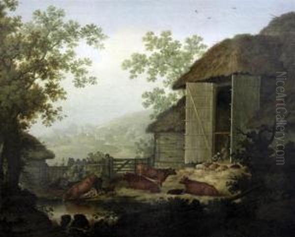 Cattle And Pigs Beside A Barn Oil Painting by James, Snr, Lewes Of Lambert