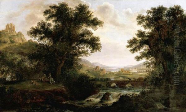 An Italianate Landscape With Drovers Crossing A Bridge And Figures By A Camp Fire Oil Painting by James, Snr, Lewes Of Lambert