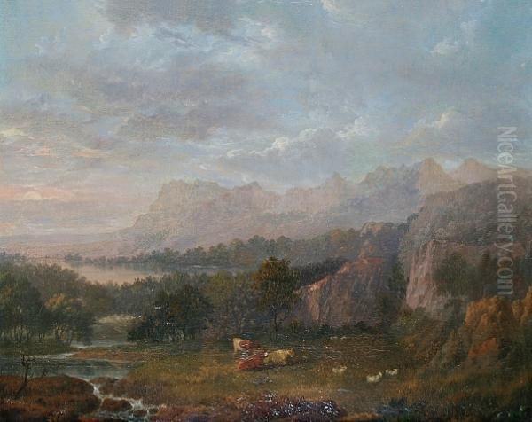 A Lakeland Landscape With Cattle And Sheep Grazing By A River Oil Painting by Charles Towne