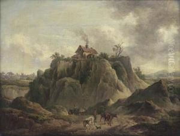 A Drover And His Cattle On A Country Road, A House On A Hill Topbeyond Oil Painting by Charles Towne