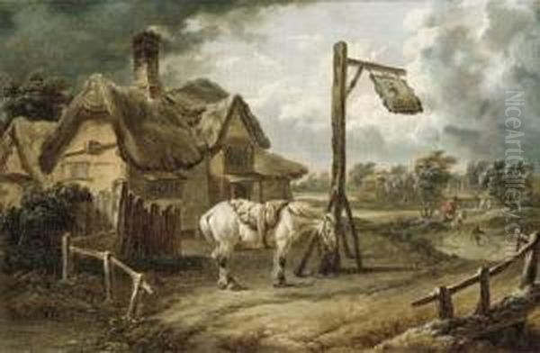 A Horse Tethered Before An Inn On A Blustery Day Oil Painting by Charles Towne