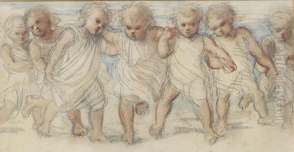 Frieze Of Seven Putti In Classical White Robes Oil Painting by Louisa Anne, Marchioness of Waterford