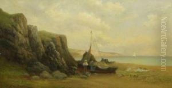 Coastal Scene With Figures And Boat Oil Painting by Frank Rawlings Offer