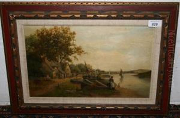 Fishing Boats On Bank Beside Cottage With River Beyond Oil Painting by Frank Rawlings Offer