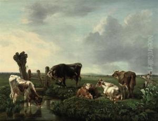 Cows Resting Near A Stream Oil Painting by Anthony Jacobus Offermans