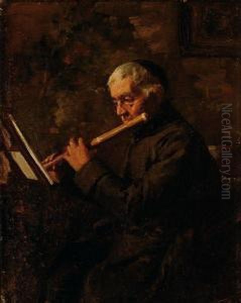 Monk Playing A Traverso Oil Painting by Anthony Jacobus Offermans