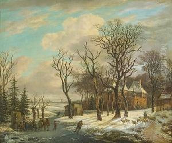 A Winter Scene With Figures Skating On A Frozen River Oil Painting by Anthony Jacobus Offermans