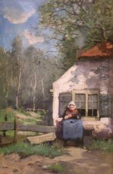 Woman Before A Cottage Oil Painting by Tony Lodewijk George Offermans