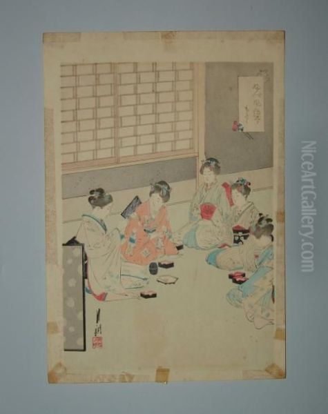 Cinq Jeunes Femmes Assises Oil Painting by Ogata Gekko