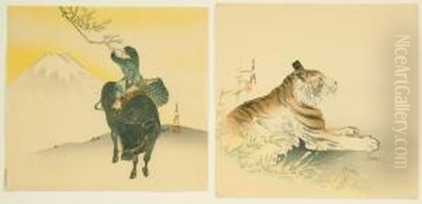 Depicting A Tiger And A Boy On A Water Buffalo. Oil Painting by Ogata Gekko