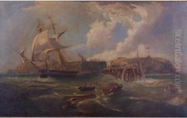 A Port In Choppy Seas Oil Painting by John Clinton Ogilvie