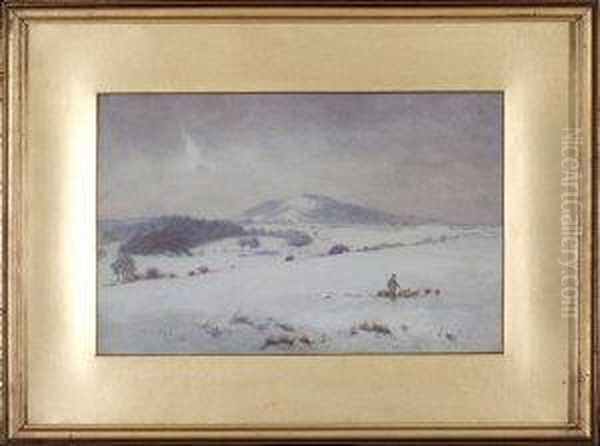 A Snow Covered Landscape With A Shepherd And Flock In The Foreground Oil Painting by Frederick Dove Ogilvie