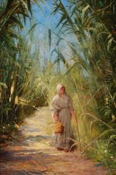 A Woman Walkingthrough A Sugar Plantation Oil Painting by Theodor Ohlsen