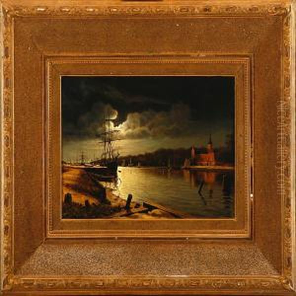 The Nissan With A Sailboatand The Halmstad Castle In Moonlight Oil Painting by Oscar Ohlson