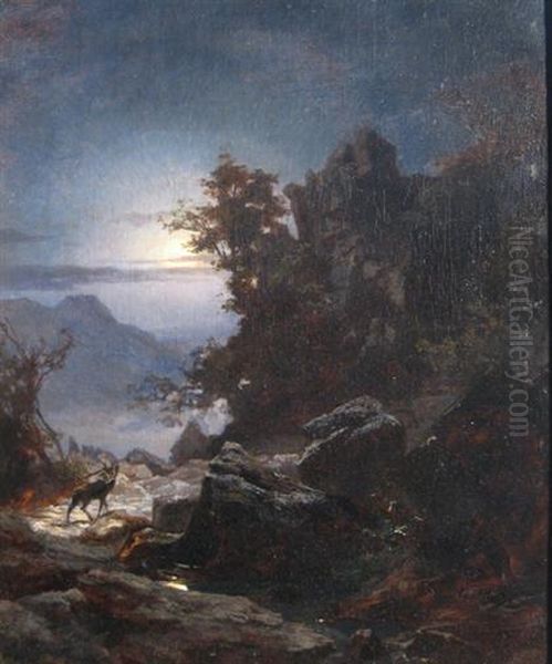 Night Landscape With Buck Oil Painting by Olaf