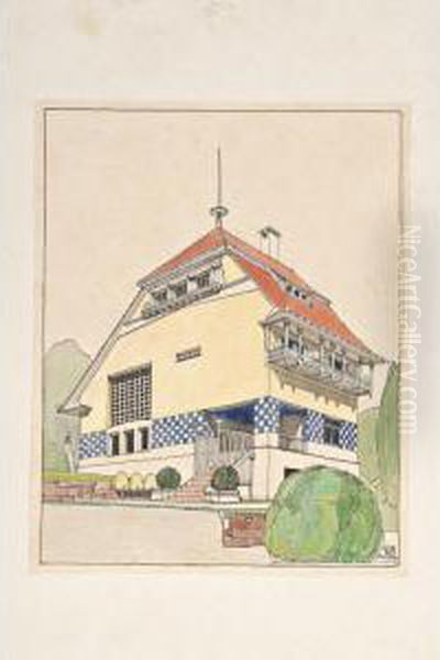 An Important Original Design For Olbrich's House, Mathildenhohe, Darmstadt Oil Painting by Joseph Maria Olbrich