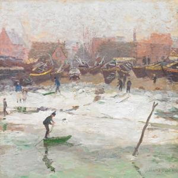 Playing Children By The River Swentine In Kiel, Winter Oil Painting by Hans Olde