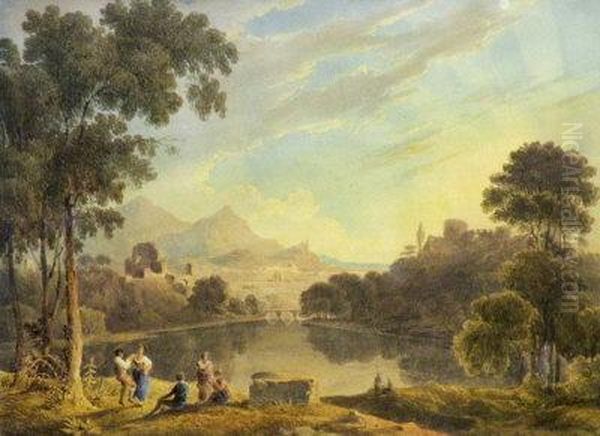 Figures In An Extensive Italianate Lake Landscape Oil Painting by John Edwin Oldfield