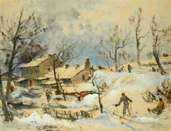 Winter In The Village Oil Painting by Blazicek Oldoich