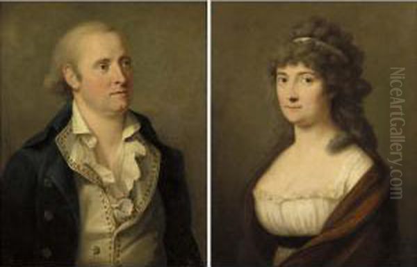 A Portrait Of A Gentleman, Half-length, Wearing A Blue Coat; A Portrait Of A Lady, Half-length, Wearing A White Dress With A Red Shawl Oil Painting by Friedrich Olenhainz