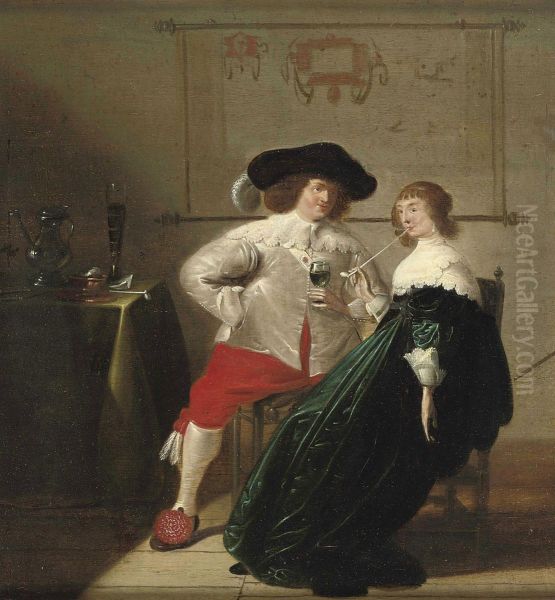 An Interior With A Man Drinking And A Woman Smoking A Pipe Oil Painting by Jan Olis