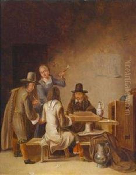 A Tavern Interior With Three Men And Awoman Oil Painting by Jan Olis