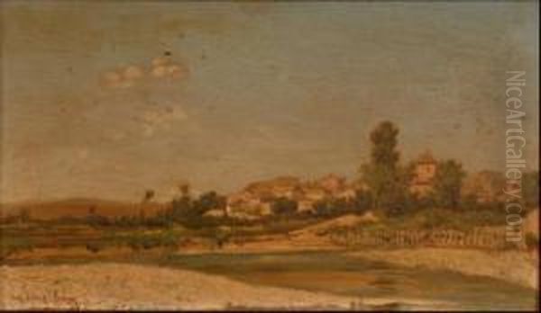 Paisaje Con Casas Y Lago Oil Painting by Mariano Oliver Aznar