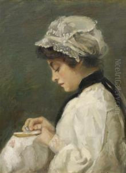 Girl Sewing Oil Painting by Jean Nutting Oliver