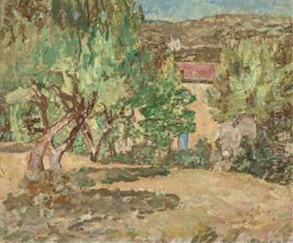 A Mediterranean Garden; And Sunlit Trees Oil Painting by Madge Oliver