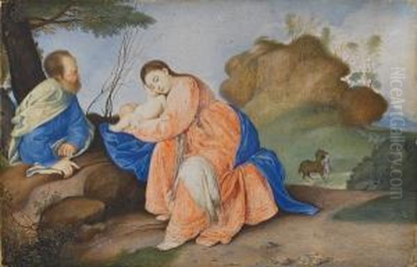 A Rare And Important Cabinet Miniature 'the Rest On The Flight Into Egypt'. Oil Painting by Peter Oliver