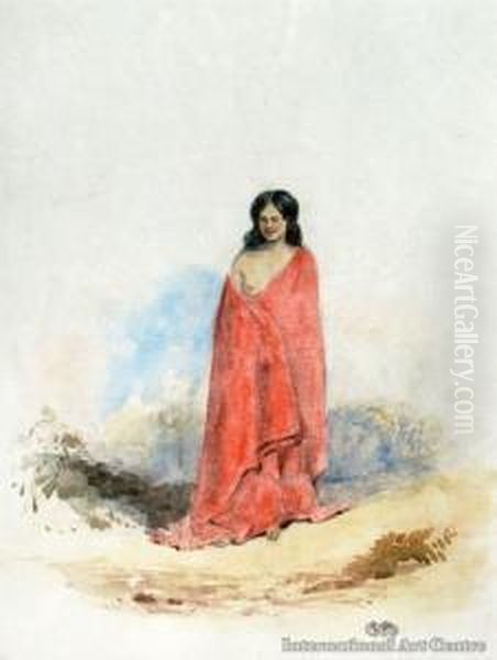 Maori Girl In Red Cloak - Circa 1850 Oil Painting by Richard Aldworth Oliver