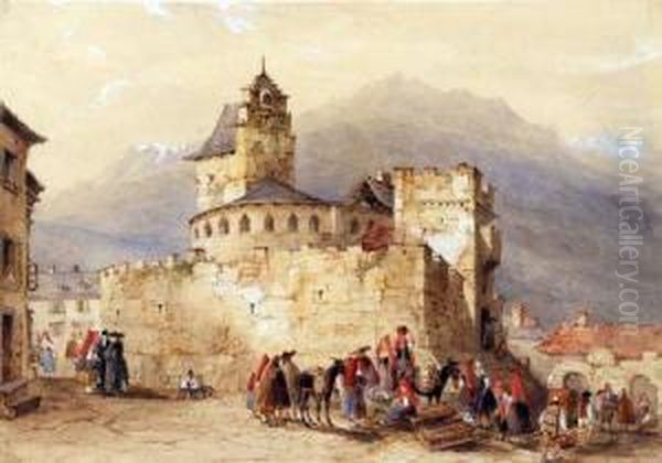 Spanish Castle With Numerous Figures Oil Painting by William Oliver