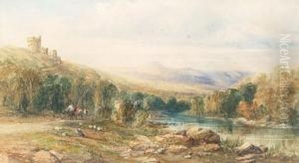 River Landscape With A Castle On The Hill Oil Painting by William Oliver