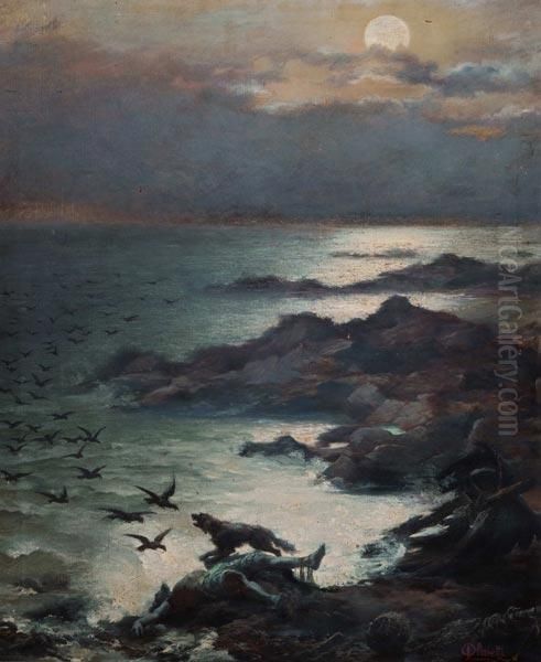 Notturno Sulla Scogliera Oil Painting by Luigi Olivetti